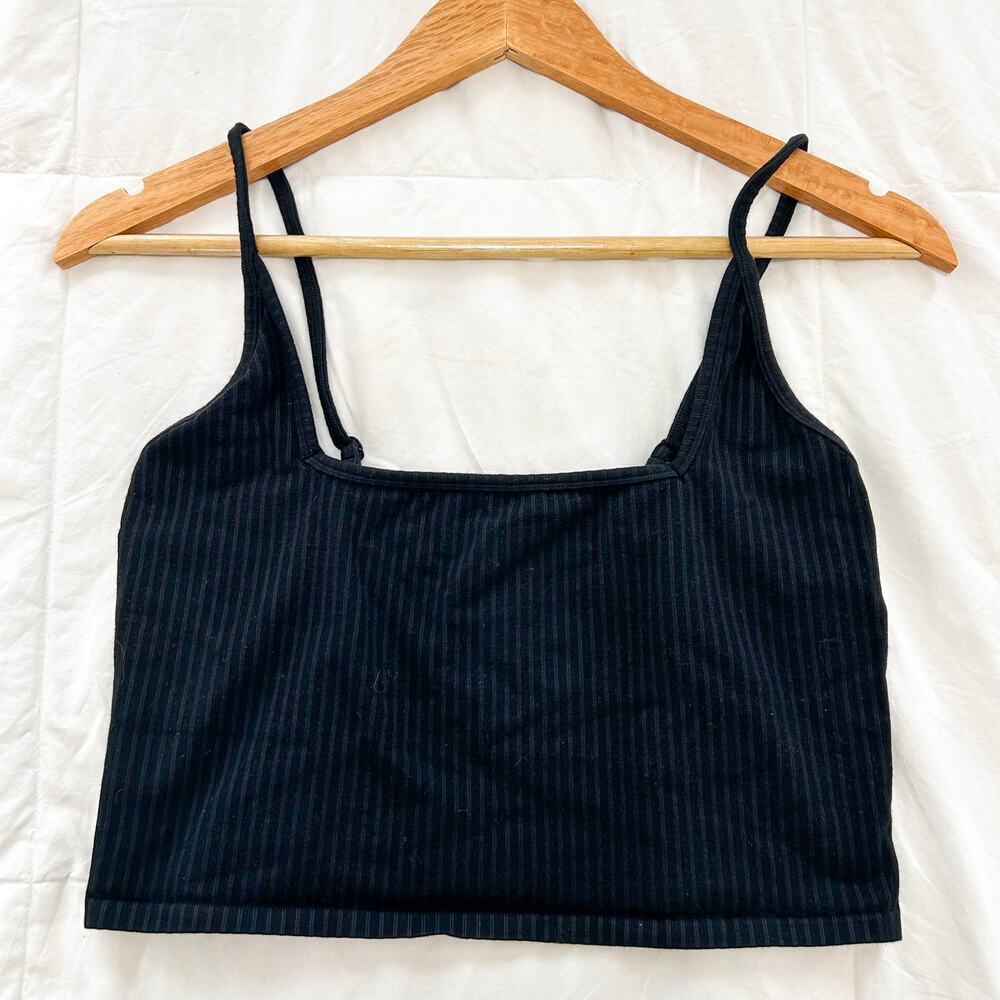 Good American Black Ribbed Knit Cropped Tank Top Size 6 EUC Stretch Minimalist